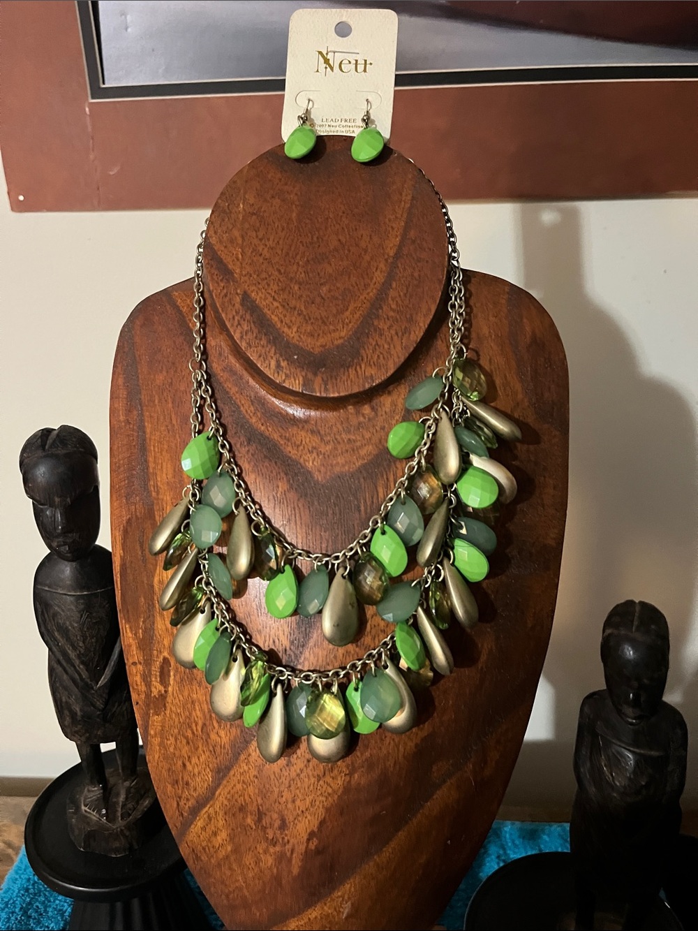 Green Multi-Drop Statement Necklace and Earrings Set